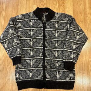 Minkha 100% Alpaca Hand-Knit Zip Cardigan Sweater Gray Black Pattern Women L/XL